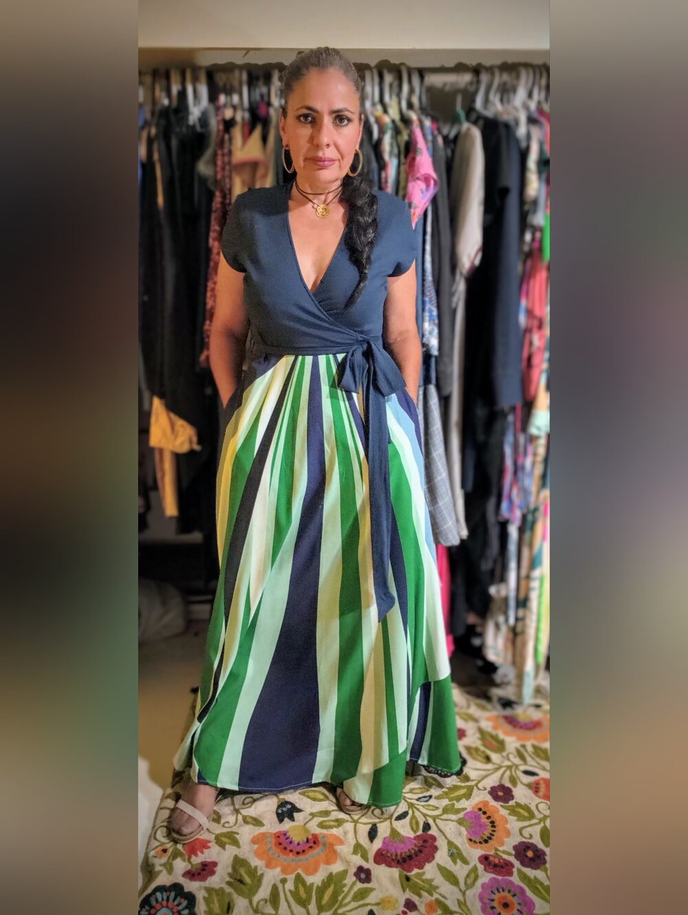 Women’s Navy Wrap Maxi Dress with Green Blue & White Stripes